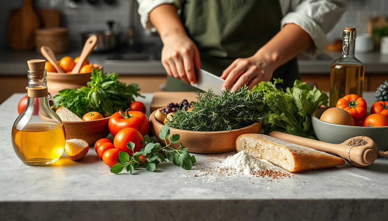 Balanced healthy meal prepared in a home kitchen